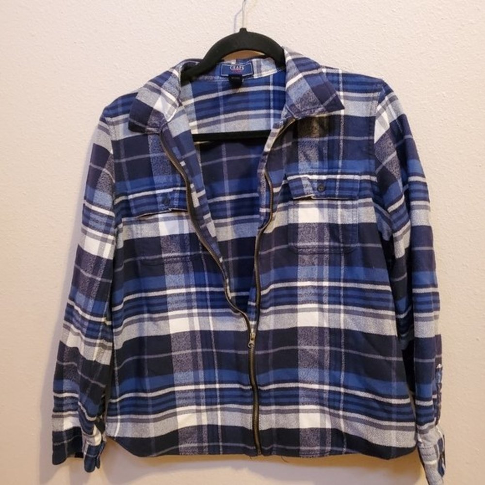 Vintage plaid blue and white zip up jacket shirt